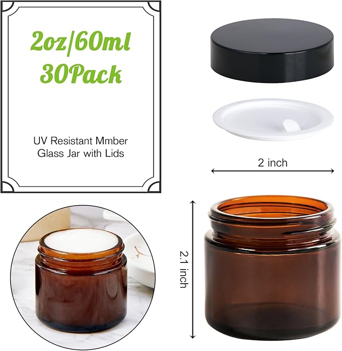 2oz Jars with Lids, HOA Kinh 30 Pack Amber Glass Jars with Black Lids Empty Cosmetic Containers Round Airtight Glass Jar with Inner Liners for Storing Lotions, Powders, and Ointments