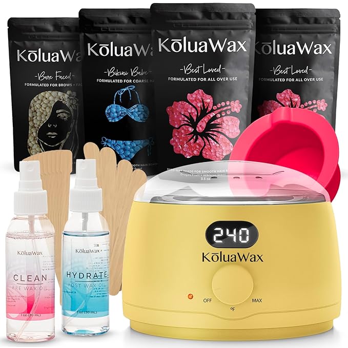 KoluaWax Premium Waxing Kit for Women - Hot Melt Hard Wax Warmer for Hair Removal, Eyebrow, Bikini, Legs, Face, Brazilian Wax - Machine, 4-Pack Beads, Accessories, Sun