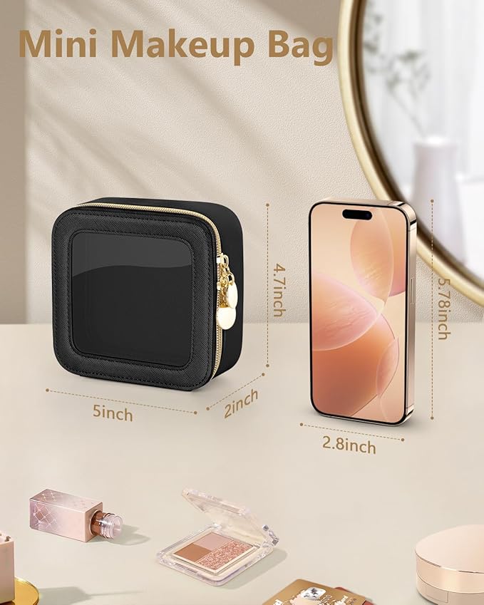 Clear Makeup Bag, Portable Travel Cosmetic Bags, Multipurpose Leather Toiletry Bag with Zipper, Waterproof Transparent Cosmetic Organizer for Women, Mini, Black