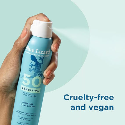 Blue Lizard Sensitive Mineral SPF 50 Spray, Dermatologist-Recommended Brand, Broad-Spectrum UVA/UVB Protection, Water-Resistant, Zinc Oxide Formula, 5 oz