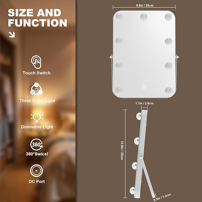 MINISO Vanity Mirror with Lights - 9.8" x 13.8" Hollywood Makeup Mirror with Adjustable Brightness, 3 Modes Light, 360°Rotation