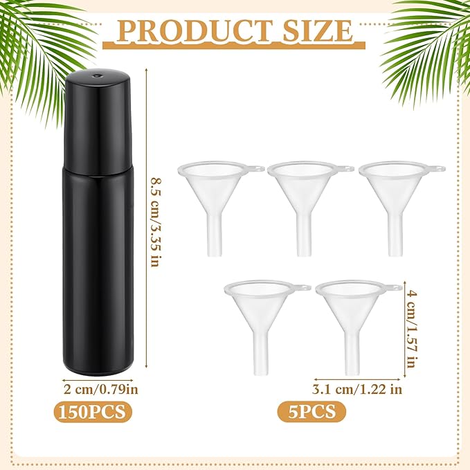 Sumind 150 Pcs Essential Oil Roller Bottles 10 ml Glass Empty Roll on Bottles with Stainless Steel Balls Leak Proof with 5 Funnel for Travel Essential Oil(Black)