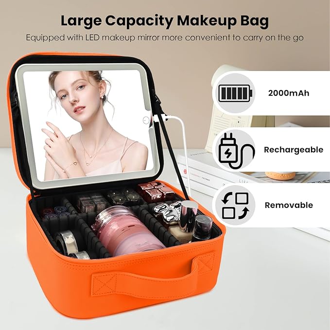 Travel Makeup Bag with LED Mirror and Light Travel Makeup Case Cosmetic Organizer Portable Cosmetic Brush Organizer Bag with Adjustable Dividers for Cosmetics Makeup Brushes Toiletry (Orange)