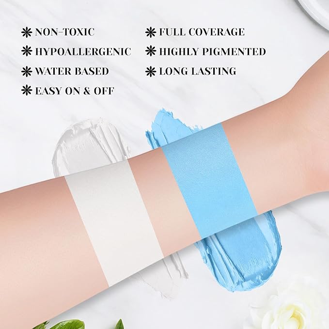 White Light Blue Face Body Paint Stick Set with Translucent Setting Powder and Sponges, Professional Full Coverage Face Painting for Adults Halloween Cosplay SFX Avatar Corpse Bride Makeup