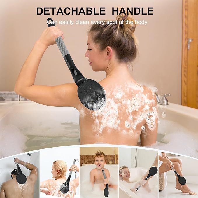 Back Scrubber Anti Slip for Shower, 21.7” Detachable Back Bath Brush for Shower, Back Scrubber, Exfoliation and Improved Skin Health for Elderly with Limited Arm Movement, Disabled (21.7” Black)