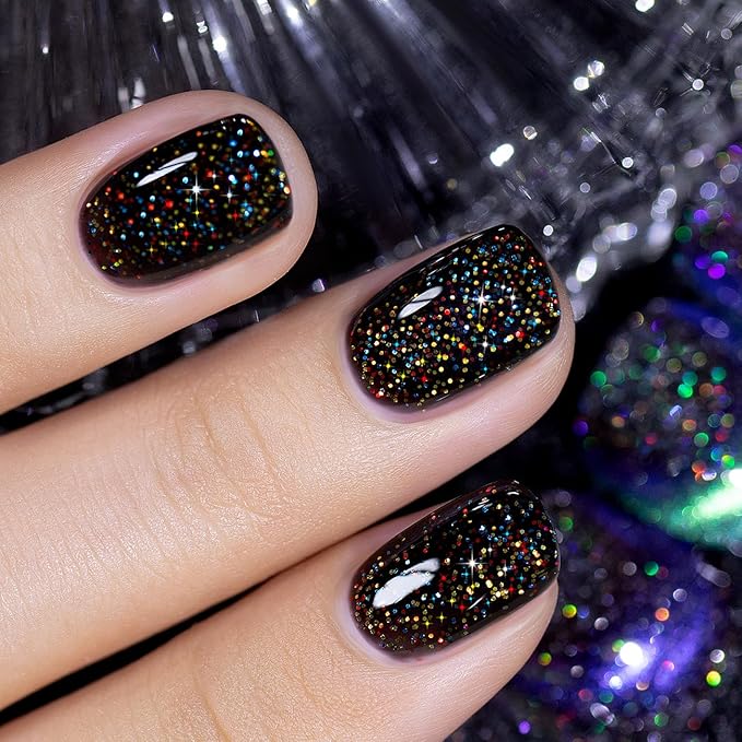 RARJSM Gel Nail Polish Black Glitter Sparkly Chunky Iridescent Rainbow Shimmer Pigments Nail Gel Polish Soak off Led UV Curing Required for Nail Art Salon Manicure 15ml Fall Winter Christmas