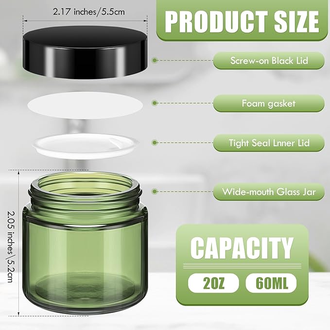 Domensi 32 Pcs 2 oz Glass Jars with Lids Travel Size Round Leakproof Empty Cosmetic Jars with Inner Liners Lid for Storing Makeup Lotions Face Cream Ointments Candle DIY Making (Olive Green)