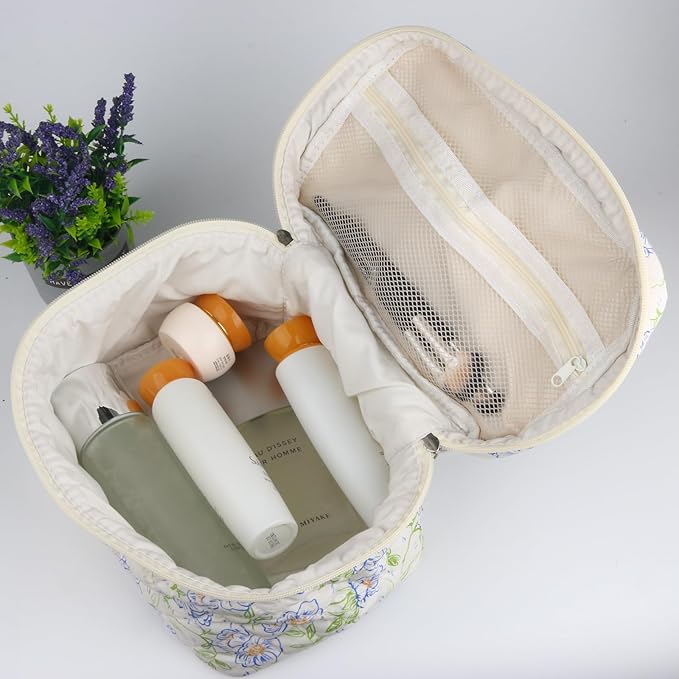 VIWIME Makeup Cosmetic Bag, Large Cotton Quilted Travel Coquette Aesthetic Cute Floral Make up Bag for Women Toiletry Bag Organizer(Green Leaf/2Pcs)