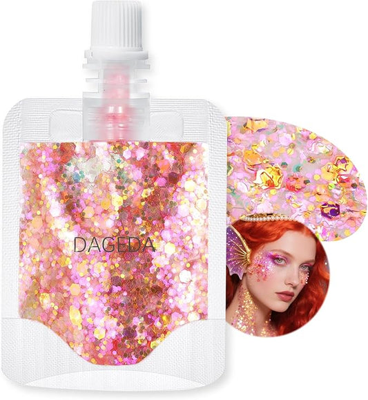 DAGEDA Pink Gold Body Glitter Gel,Sparkly Face Hair Eye Glitter Makeup,Quick-Drying Body Shimmer Holographic Sequins, Singer Concert, Festival Rave Makeup Accessories