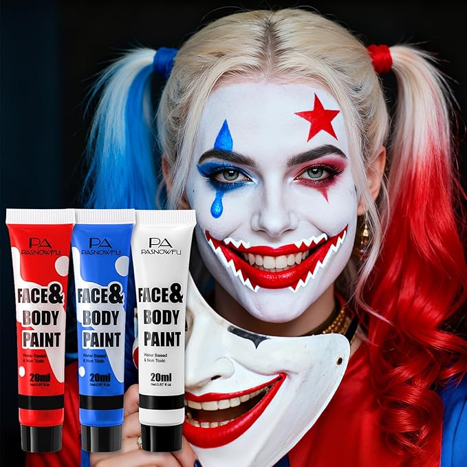 Red White Blue Face Paint - Professional Water-Based Non-Toxic Face Body Painting Kit for Devil Clown Makeup,American Flag Color Body Paint for Halloween Cosplay Costume, Sports Event