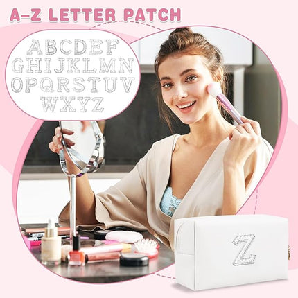 Bride Gifts – Personalized Initial Makeup Bag with Pearl Rhinestone Patch, Preppy White Monogram Cosmetic/Toiletry Pouch, bridesmaid Gifts, Bridal Shower Gifts, Wedding Gifts, Bridal Gifts,Z