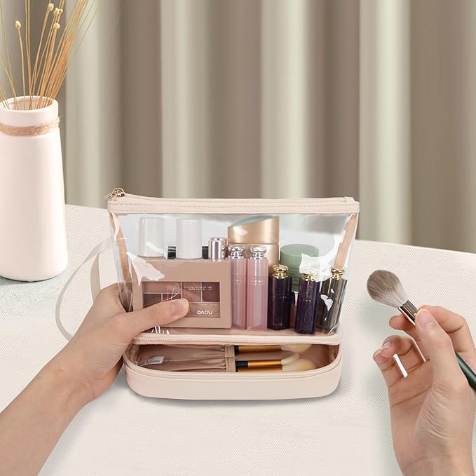 Ethereal Clear Makeup Bag, Cream Small Cosmetic Bag Travel Makeup Bag for Women TSA Approved Toiletry Bag Portable Makeup Pouch