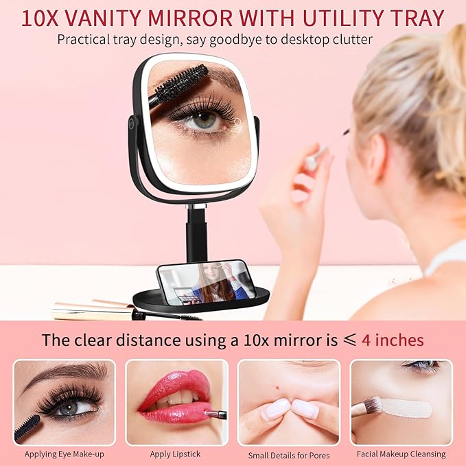 Lighted Makeup Mirror, 2600mAh Rechargeable 1x/10x Magnifying Vanity Mirror, 8.5" Height Adjustable Makeup Mirror with Lights 3 Color, 360° Rotation 2-Sided Light up Large Desk Mirror - Black