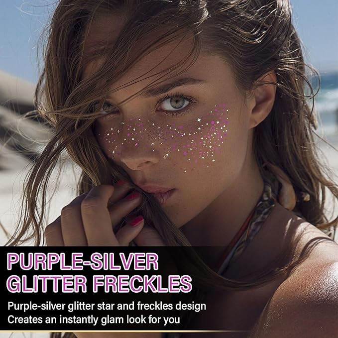 10 Pcs Purple and Silver Dual-tone Glitter Freckles, Halloween Glitter Freckle Face Tattoos, Waterproof Face Sparkle Temporary Tattoos, Long-lasting 48h Halloween Makeup for Women and Kids