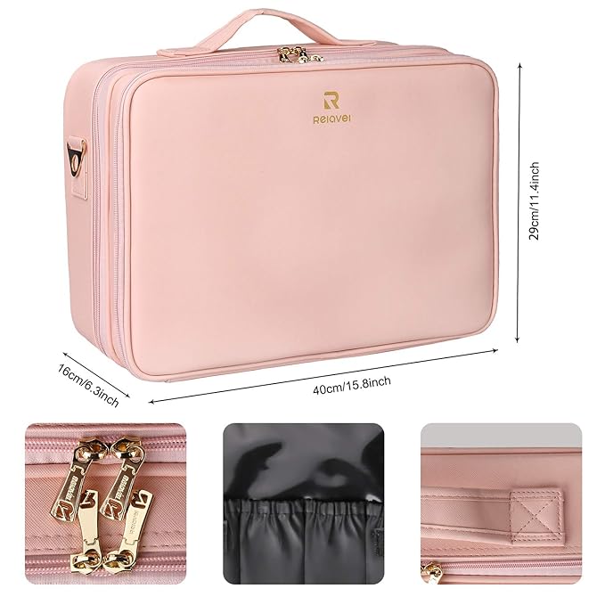 MONSTINA Cosmetic Bags 3 Layer Cosmetic Organizer Makeup Case Beauty Artist Storage Brush Box with Shoulder Strap (Large, PU Leather pink)