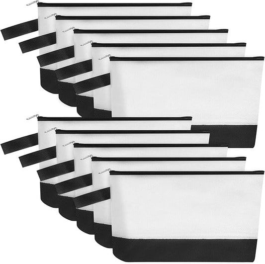 10 Pieces Cotton Canvas Makeup Bag with Bottom and Strap, Multi-Purpose Cosmetic Bag with Zipper Travel Toiletry Pouch, Blank DIY Craft Bag (White&Black, M)
