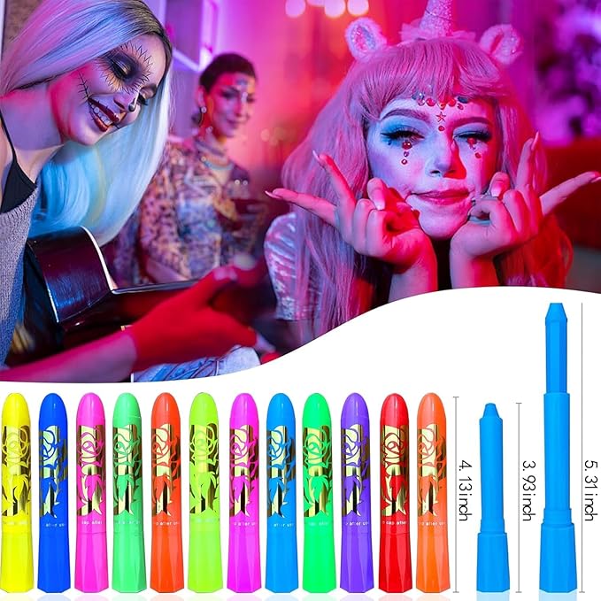 Glow in The Dark Face Body Paint, Glow In The Dark Under UV Black Light Sticks Makeup Neon Face Painting Kits for Adult Halloween Festival Accessory Glow Party Supplies (12)