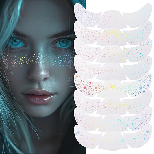 8PCS Glitter Freckles, Glitter Freckles Face Tattoo, Sparkle Freckles for Women and Kids, Cute Star Waterproof Gold Temporary Face Tattoos Glitter Glow Up Patches (8PCSA Holographic Multicolor)
