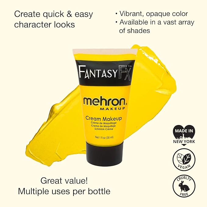 Mehron Makeup Fantasy FX Cream Makeup | Water Based | Halloween | Yellow Face & Body Paint For Adults 1 fl oz (30ml) (YELLOW)
