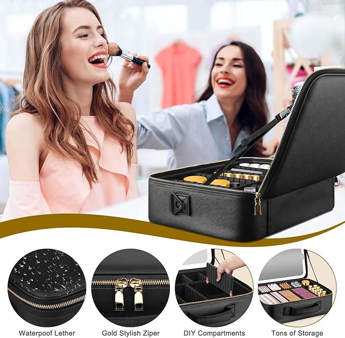 Large Travel Makeup Bag with LED Mirror, 3-Color Stepless Dimming Stand Mirror Detachable, with Adjustable Divider, Makeup Brush Holder Storage (Black)
