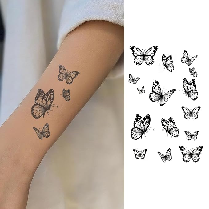 Black & White Butterfly Temporary Tattoos – 15 Customizable Butterfly Temp Tattoo with Detailed Linework, Waterproof & Realistic, Lasting for 2 Weeks