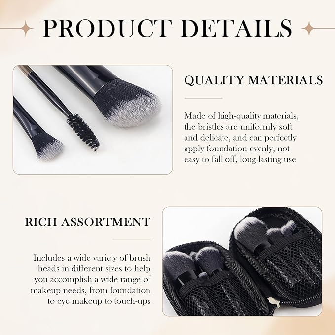 10 Pcs Mini Portable Makeup Brush Set Complete Travel Cosmetic Brushes Kit with Pouch for Blush Powder Eyeshadow Perfect for Women and Girls(black)