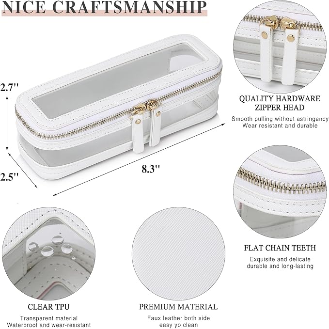 Pinkmik Makeup Brush Case Clear Travel Cosmetic & Toiletry Bag Slim Makeup Bag with Zipper Small Purse Organizer Car Essential Bag for Women (White, SLIM-1)