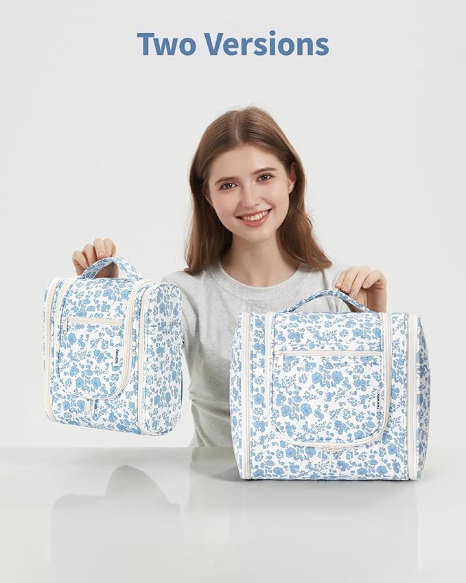 Narwey Hanging Toiletry Bag for Women Travel Makeup Bag Organizer Toiletries Bag for Cosmetics Essentials Accessories (Large, Little Blue Flower)