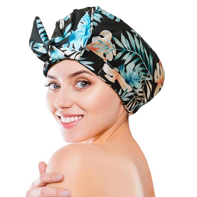 Luxury Shower Cap for Women, Shower Caps for Women Reusable Waterproof, Hair Cap for Shower, Large Adjustable Bowknot Bath Cap for Long Hair Braids