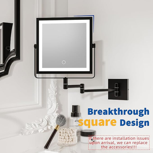 Ruacq Rechargeable Wall Mounted Makeup Mirror with Lights, Double Sided 1X/10X Magnifying Vanity Mirror with 3 Color Lighting, Touch Screen Dimmable, 360° Rotation Extension Foldable Arm(Matte Black)