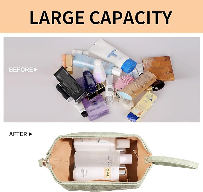 Abiudeng Large Capacity Makeup Bag Ladies Cosmetic Bag Travel Bag with Compartments Portable PU Leather Travel Makeup Bag with Handle