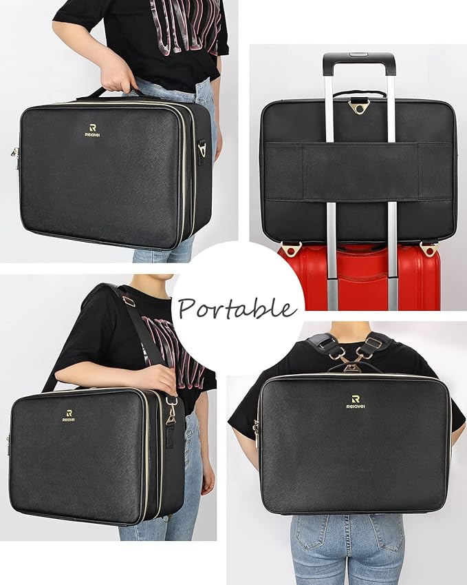 Relavel Extra Large Makeup Bag, Makeup Case Professional Makeup Artist Kit Train Case Travel Cosmetic Bag Brush Organizer, Waterproof Leather Material, with Adjustable Shoulder Straps and Dividers