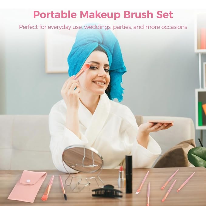 8 Sets Travel Makeup Brushes, Makeup Brush Bag with 8 Brushes, Bridesmaid Present, Synthetic Fiber Makeup Brush, Foundation Blush Shadow Brush Set, Portable Makeup Brush Set for Weddings Parties