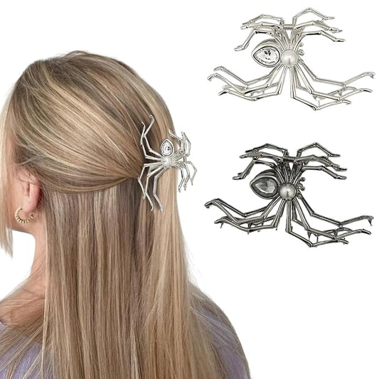 2 Pcs Halloween Hair Claw Clips for Women, Terror Spider Hair Clips, Black & Silver Metal Non-Slip Claw Clips, Gothic Large Hair Claw, Halloween Hair Accessories for Hair Styling, Decorations