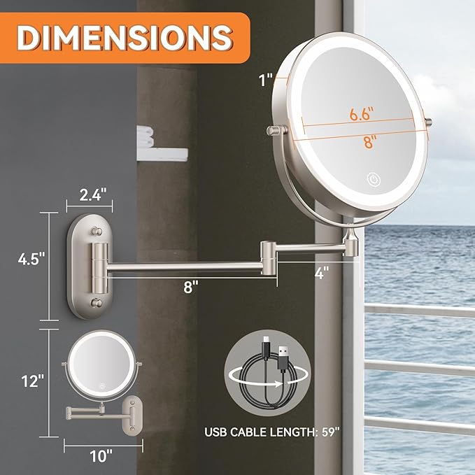 1X/30X Wall Mounted Lighted Makeup Mirror, 8" 3200 mAh Rechargeable Double-Sided Magnifying Mirror, Touch Dimmable 3 Color Lights, 360° Rotating Foldable 14.5" Extension Arm, Brushed Nickel