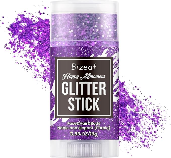 Brzeaf Waterproof Purple Glitter Stick, Not Greasy & Shimmery & Long Lasting, Chunky Glitter for Face/Body/Hair/Eyes, Singer Concert Music Halloween Rave Festival, Glitter Stick Makeup for Women Men