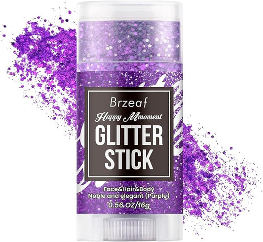 Brzeaf Waterproof Purple Glitter Stick, Not Greasy & Shimmery & Long Lasting, Chunky Glitter for Face/Body/Hair/Eyes, Singer Concert Music Halloween Rave Festival, Glitter Stick Makeup for Women Men