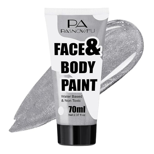 Silver Face Paint 70ml Large Capacity - Non-Toxic Washable Body Paint for Halloween Skeleton Ghost Looks, Full Coverage Face Body Paint for Halloween SFX Cosplay Makeup ,Costume Events
