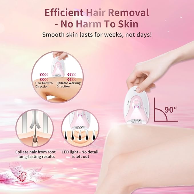 Epilator for Women, 2 Speeds Epilators Hair Removal for Women with LED Light, Hair Removal Device with 36 Tweezers，Painless Smooth Rechargeable Epilator for Face, Bikini, Arms, Legs, Armpits