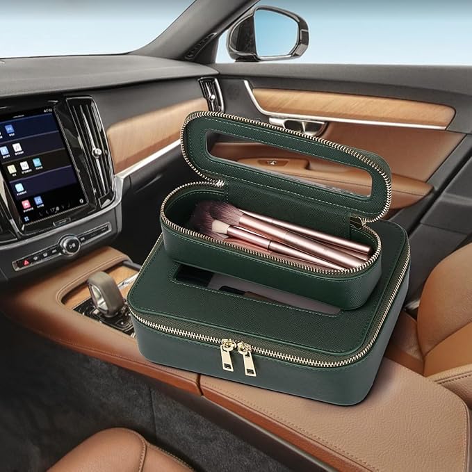 Pinkmik Travel Makeup Bag with Brush Holder Portable Clear Cosmetic Case Waterproof Toiletry Bag Cosmetic Organizer for Women (X/Green, L+SLIM)