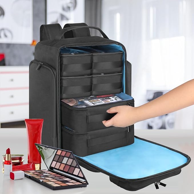 Travel Makeup Organizer Backpack with 6 Removable Cases,Extra Large Cosmetic Storage Bag for Women and Professional Make up Artist (Black)