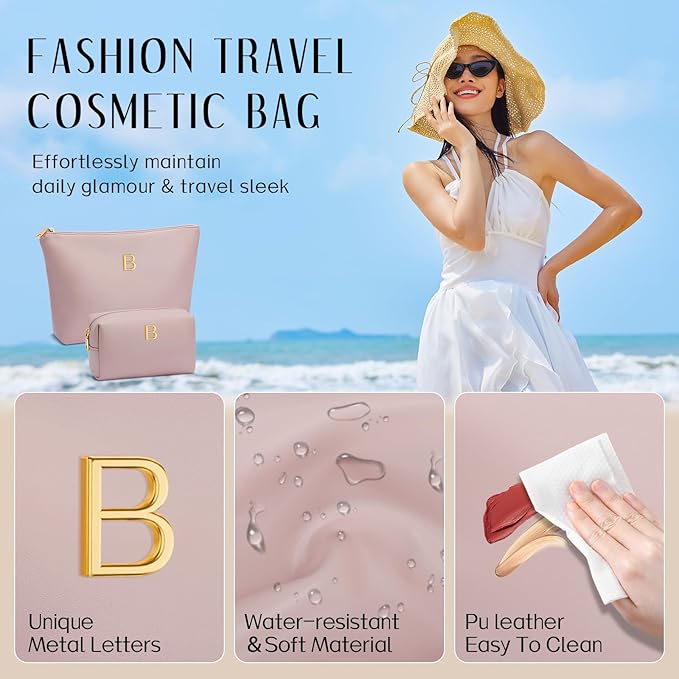 Women Gifts | Initial Makeup Bag Set for Girl Personalized Gifts for Bridesmaid Friend Graduation Teachers PU Leather Cosmetic Travel Toiletry Bag(Pink,B)