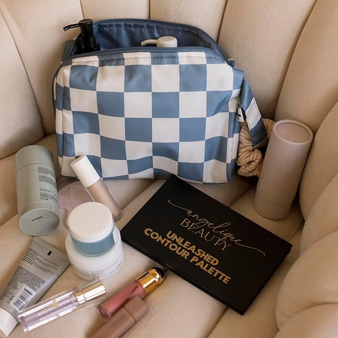 Tiny Twinkle Portable Waterproof Makeup Bag | Travel-Friendly Cosmetic Organizer with Convenient Carry Handle | Spacious Interior, and Secure Zipper Closure (Blue Checkers)