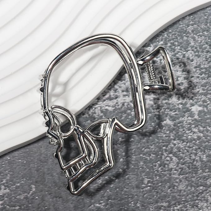 AIUPUOC Skull Hair Clips for Women: 2Pcs Large Gothic Silver Metal Hair Claw Clips for Thick Hair - Halloween, Spider, Skeleton Hand Designs