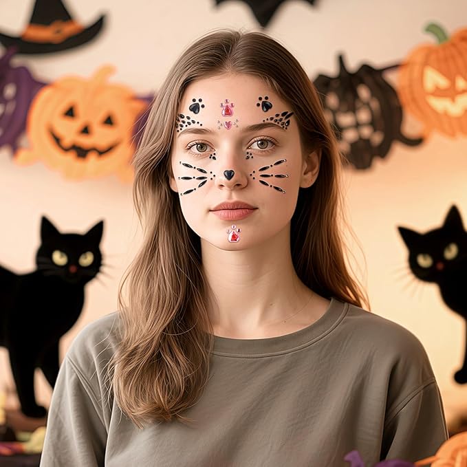 Crystal Cat Face Jewels with Pink Cat Print Gems - Face Jewels for Women & Kids - Cat Whiskers Costume Accessory