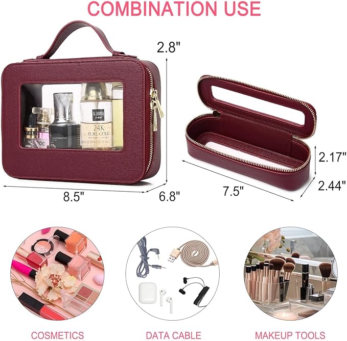 Pinkmik Travel Clear Makeup Bag with Brush Bag Portable Cosmetic Bag Case Transparent Toiletry Bag Cosmetic Organizer Storage Bag for Women (X/Burgundy, L+SLIM)