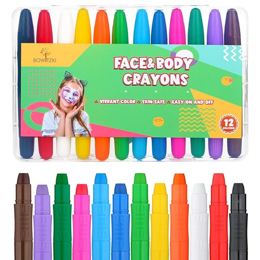 Bowitzki Face Paint Sticks 12 Colors Eye Black Face Painting Crayons Kit Twistable Marker Temporary Hair Color Dye Party Body Makeup Belly Painting Kids Adults With Box Halloween Football Christmas