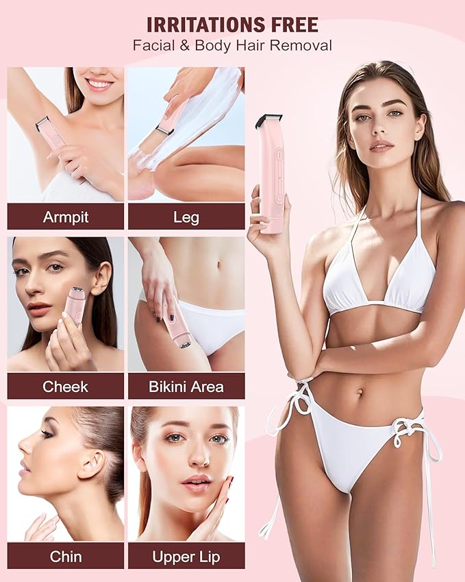 2 in 1 Women Electric Shaver - Dual Head Bikini Trimmer for Women Waterproof Wet & Dry Use Body Hair Trimmer and Facial Hair Remover, Painless Razors for Bikini Underarm Leg Arm Body Face, Pink