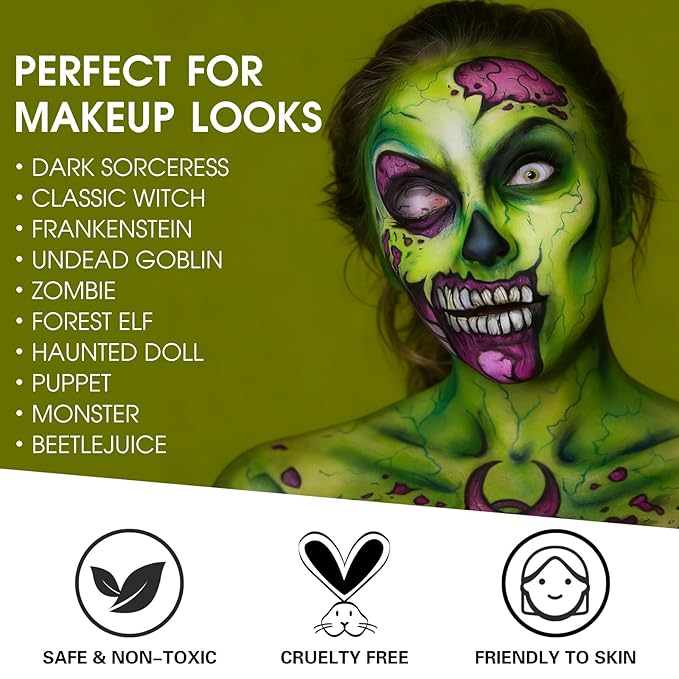 BOBISUKA Light Green & Black Face Body Paint Stick Kit with Black Lipstick & Eyeliner Pen, Setting Powder & 2 Sponges – Halloween Makeup Set for Beetle Juice, Demon, Monsters, Witches & Gothic Looks