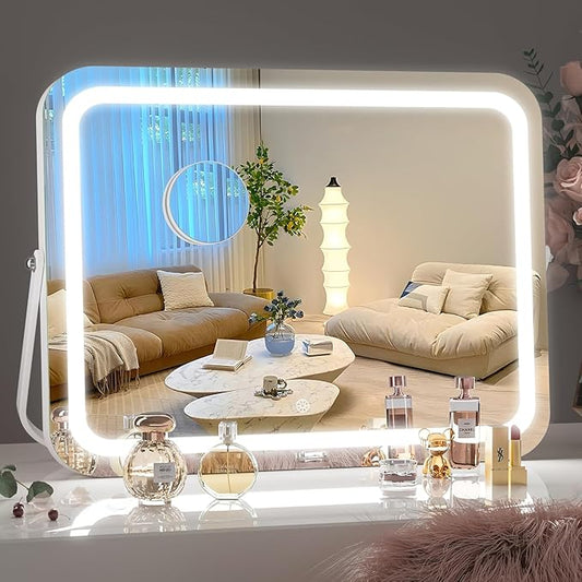 Hasipu Vanity Mirror with Lights, 16" x 12" LED Makeup Mirror, 3 Modes Light, Smart Touch Control Dimmable, 360°Rotation, Rectangle White Frame, with 5X Magnifying Glass